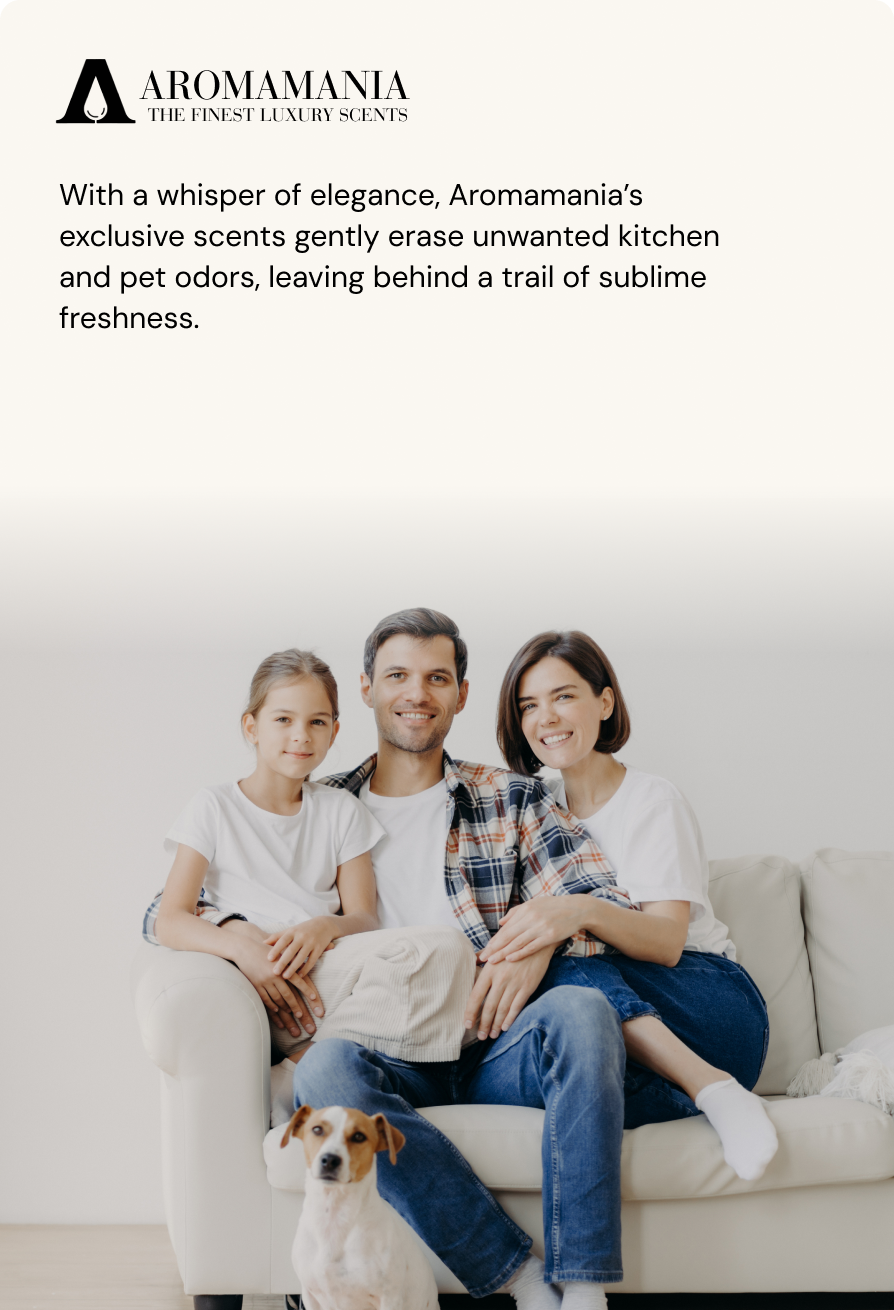 A family is sitting on a couch with a dog.