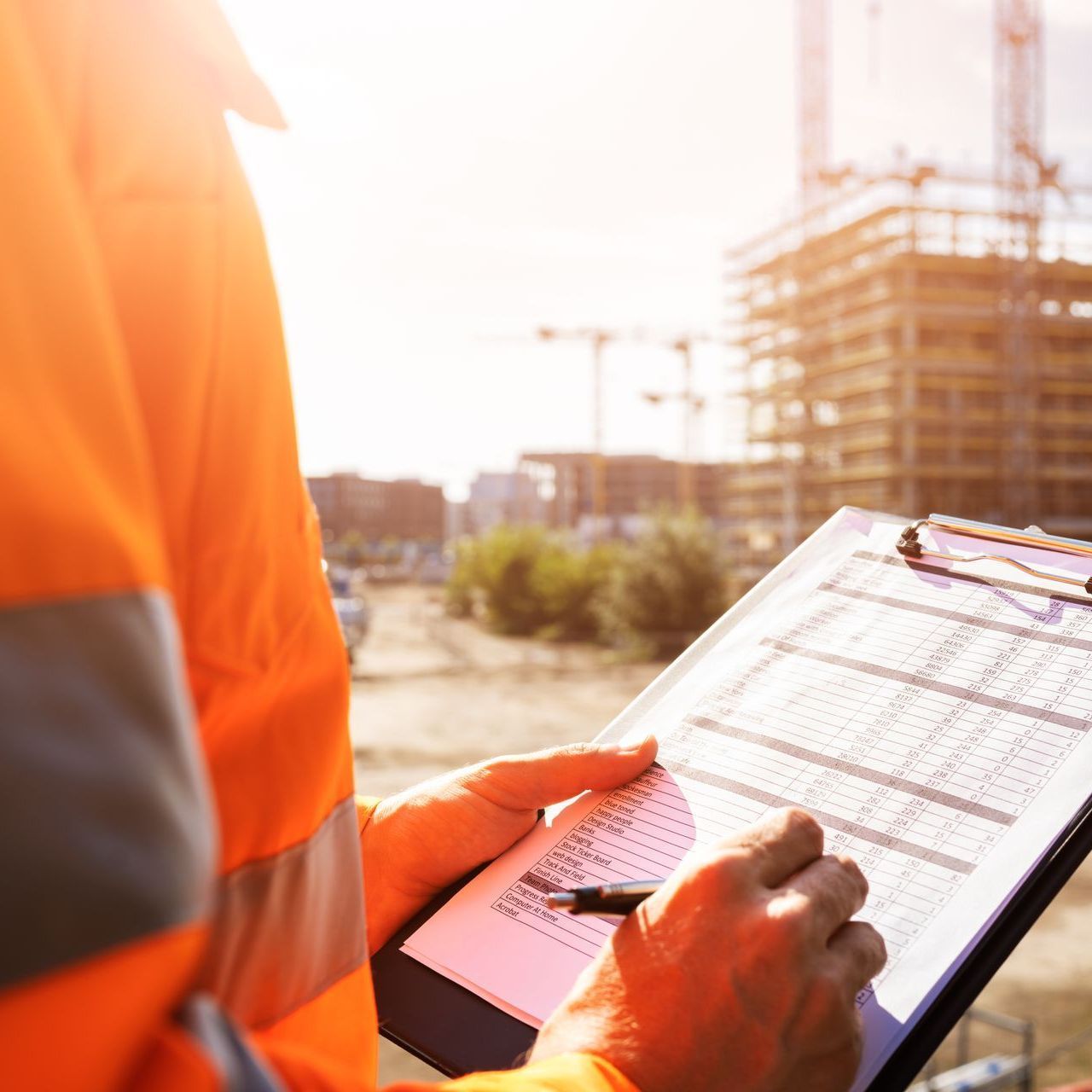 A construction worker is holding a clipboard and writing on it.