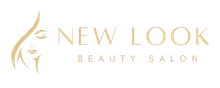 Logo for "New Look Beauty Salon". A woman's face and flowing hair silhouette in gold, next to text.
