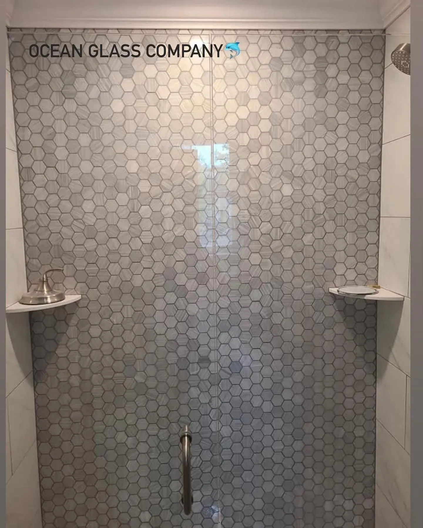 Glass shower door and handle showing the bathroom entry path