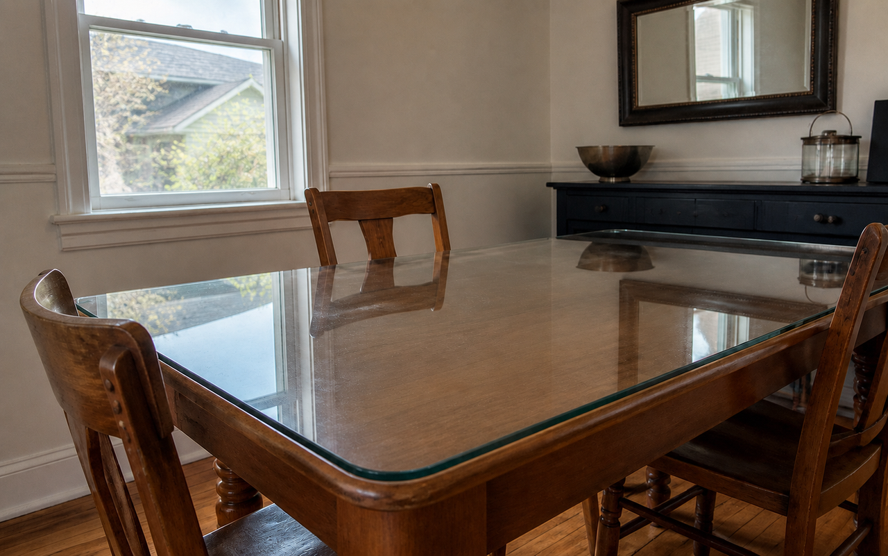 Custom glass tabletop installed over a traditional wooden dining table