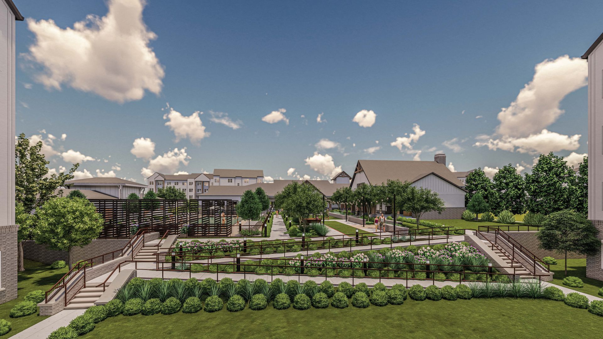 Silver Collection at Clift Farm community rendering featuring a landscaped park area, apartment buildings, and trees in Huntsville, AL.