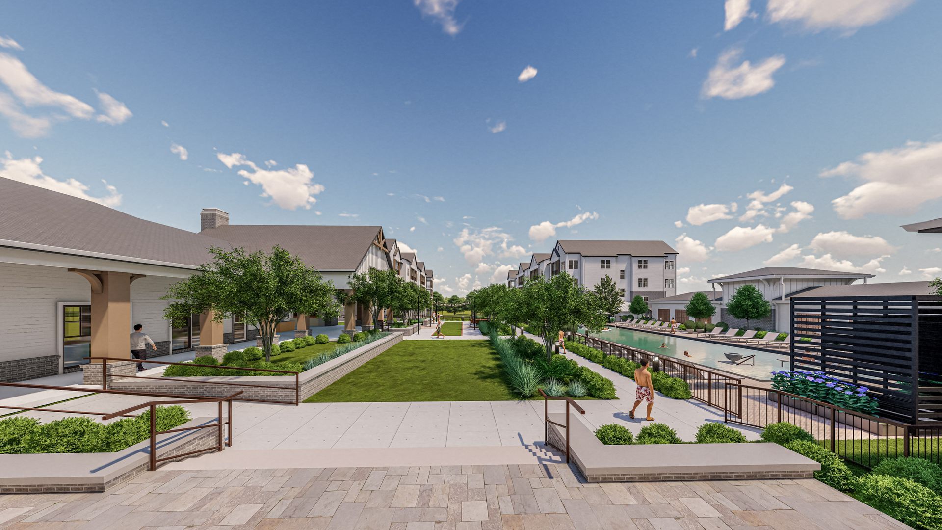 Silver Collection at Clift Farm architectural rendering showcasing apartment buildings, green landscaping, and community grounds in Huntsville, AL.