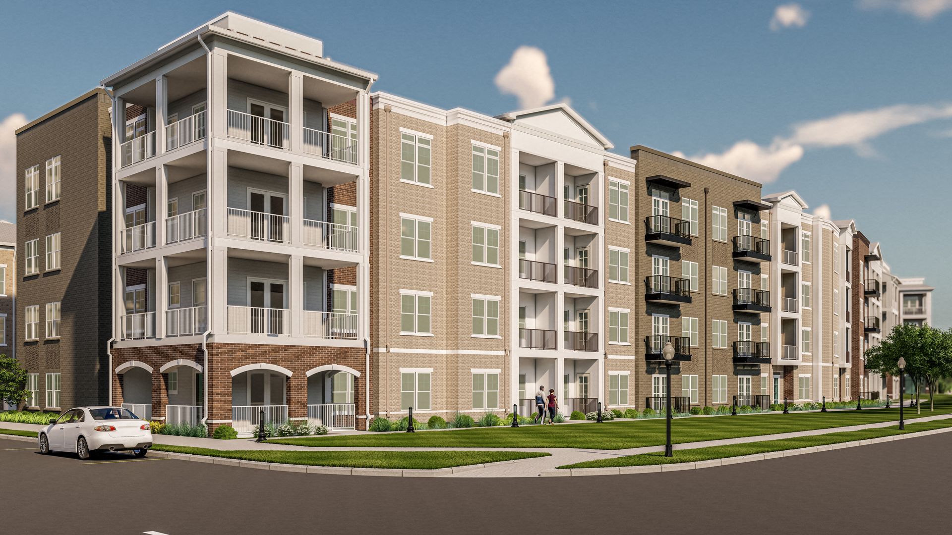 Modern apartment complex with balconies, brick facades, and street parking on a sunny day.