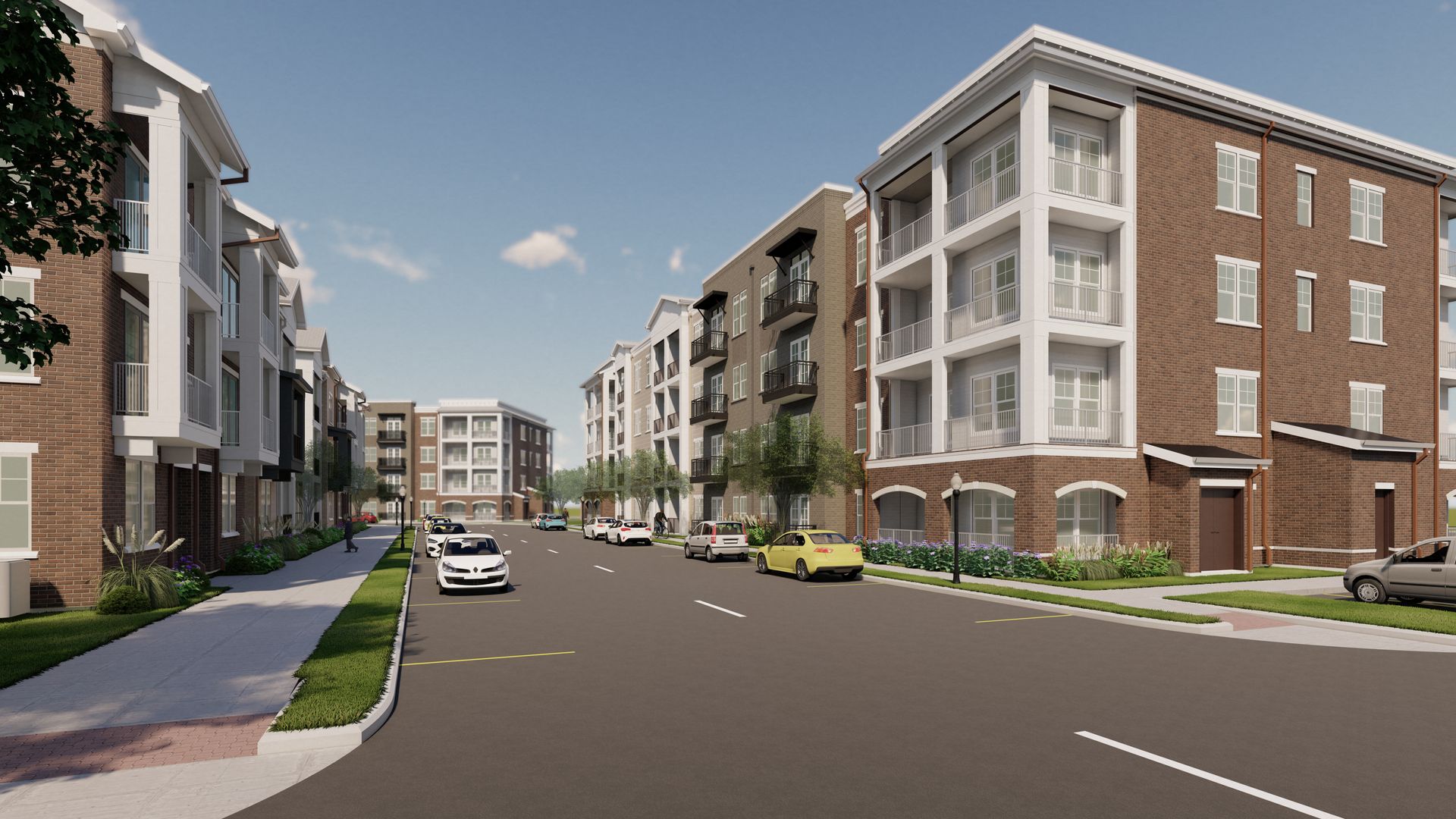 Modern apartment street with parked cars and sidewalks on a sunny day.