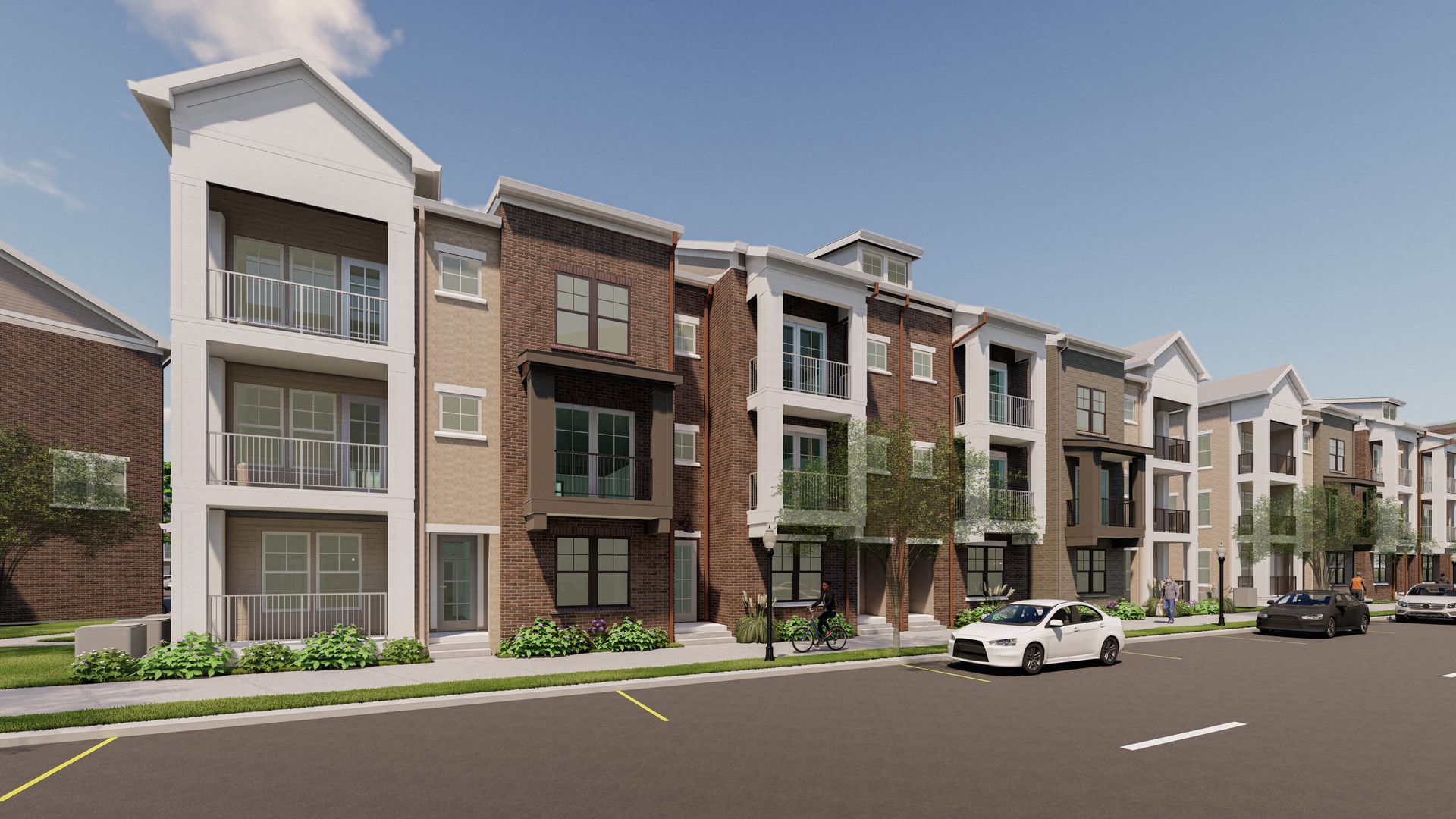 Modern apartment buildings along a street with a parked white car and sidewalk greenery.