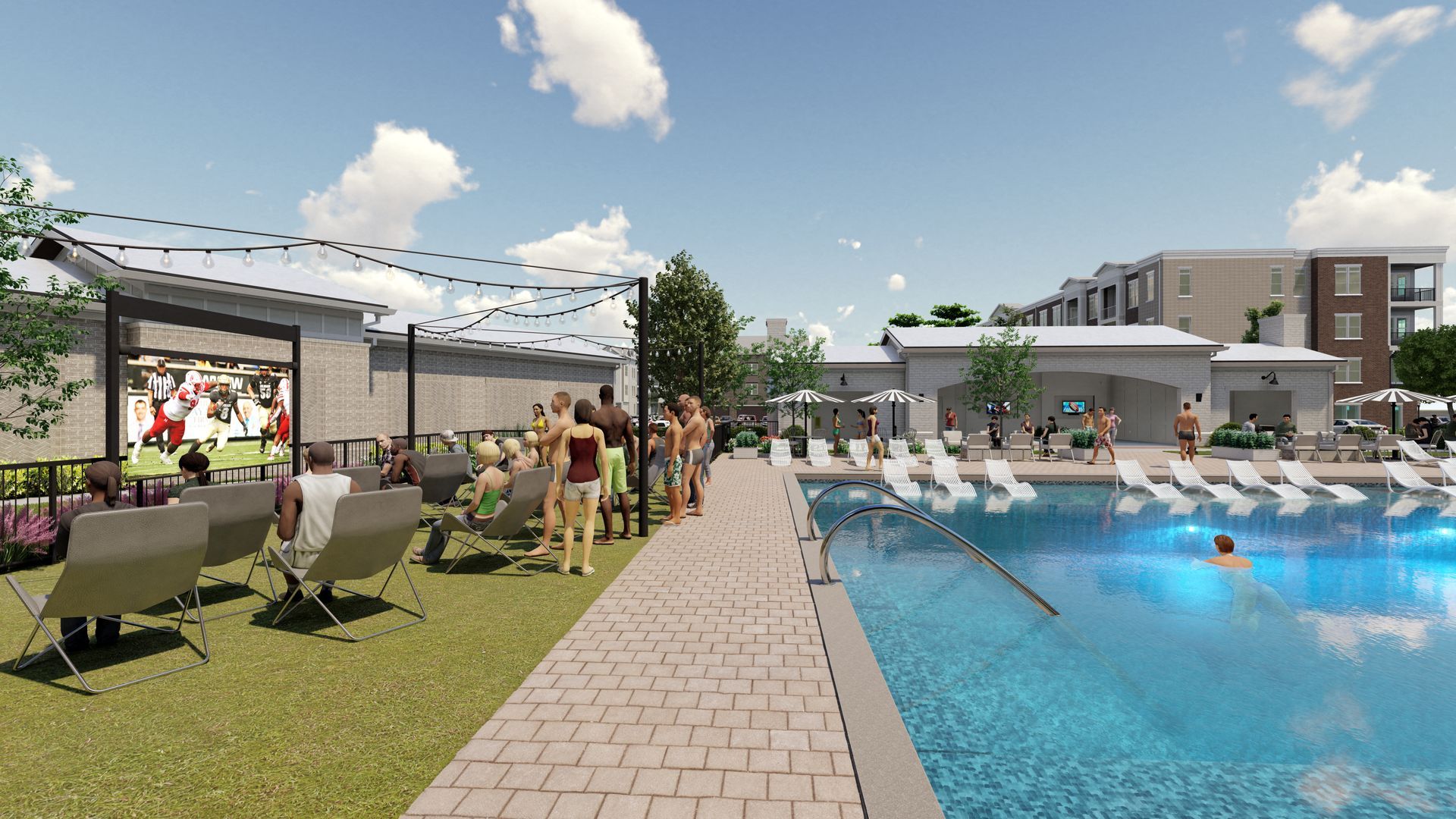Outdoor poolside resort with lounge chairs, grassy seating area, and people relaxing under a pergola.