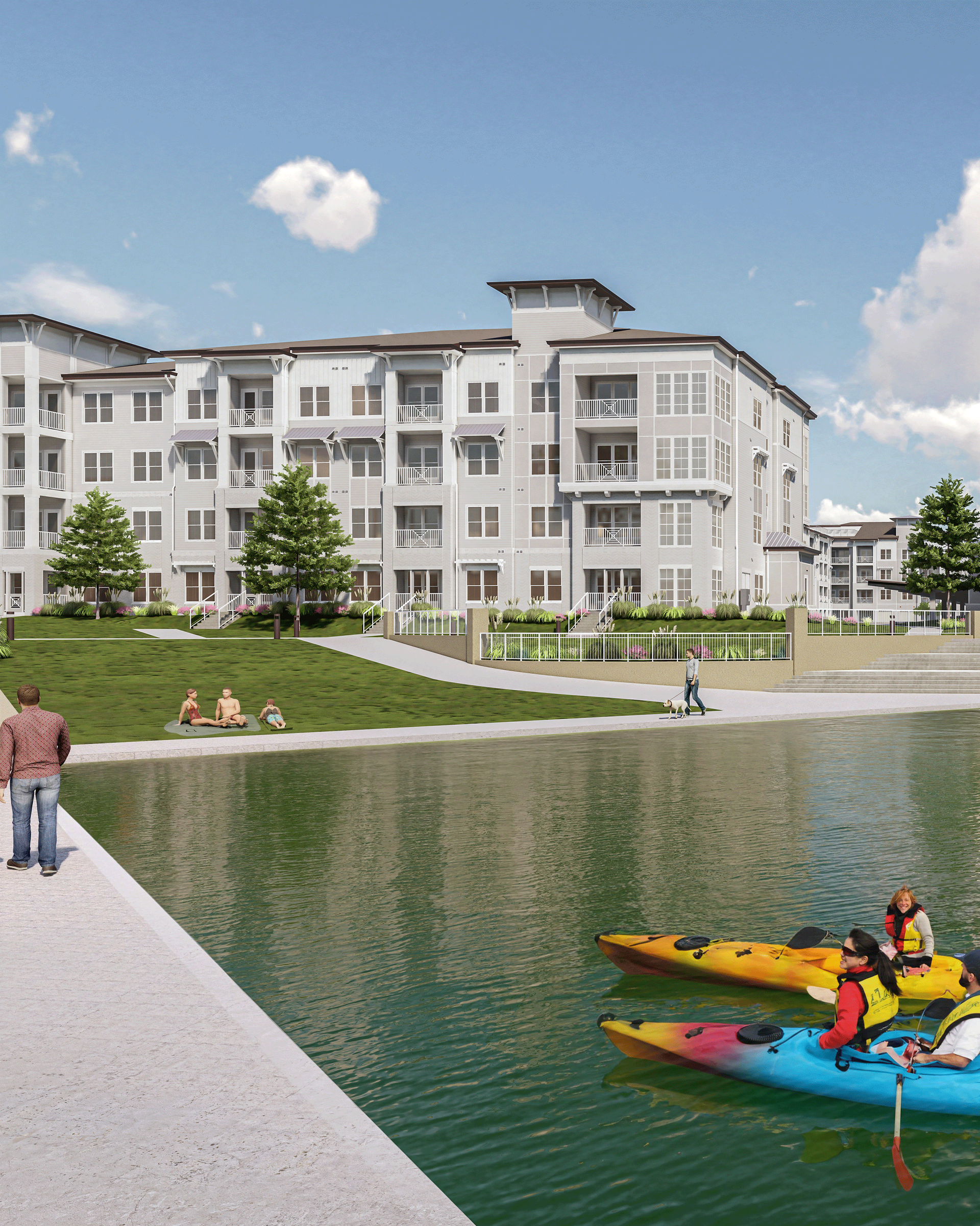 Silver Collection at Saxony waterfront community featuring residents kayaking near the apartment buildings on a sunny day in Fishers, IN.