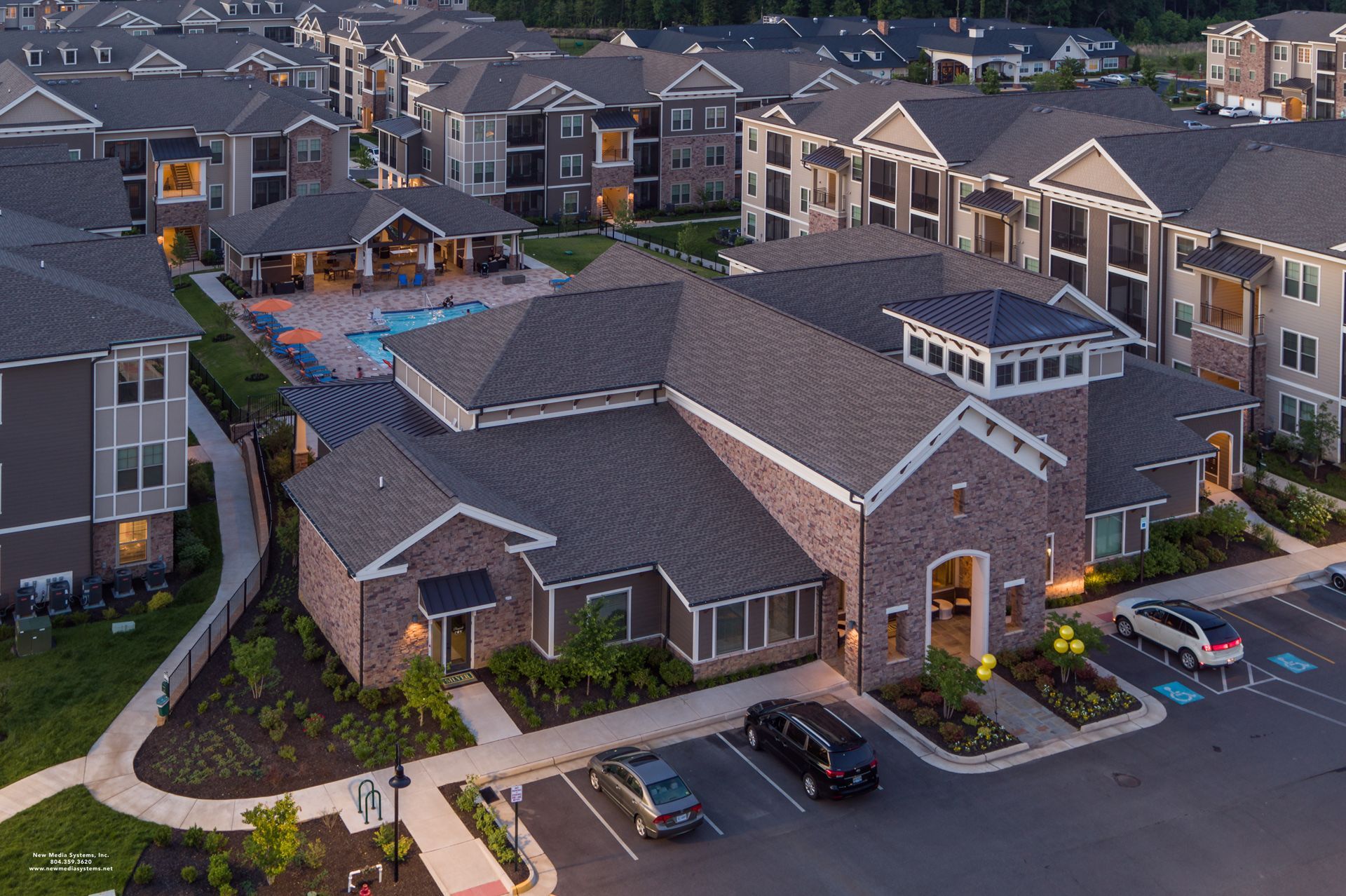 An aerial view of a large apartment complex