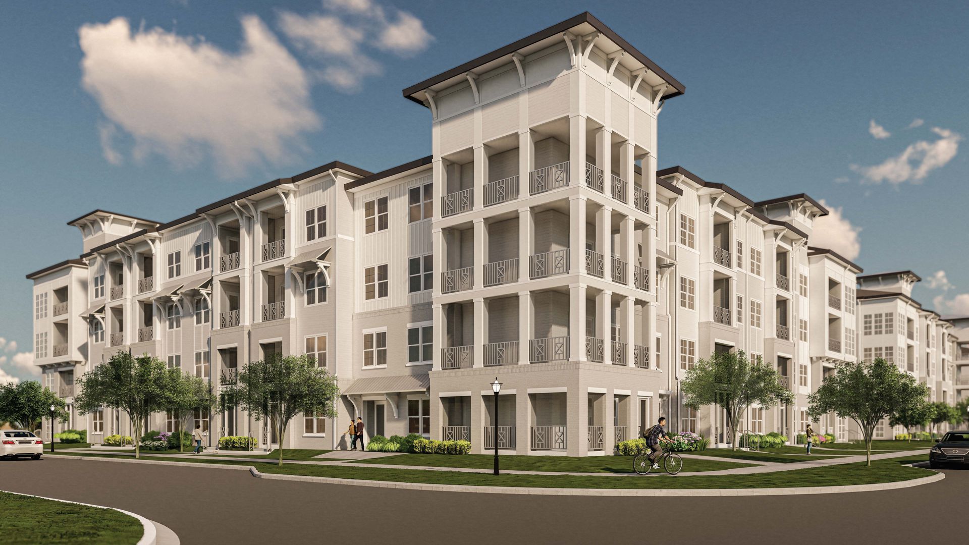 Silver Collection at Saxony apartment community exterior rendering featuring modern building design in Fishers, IN.