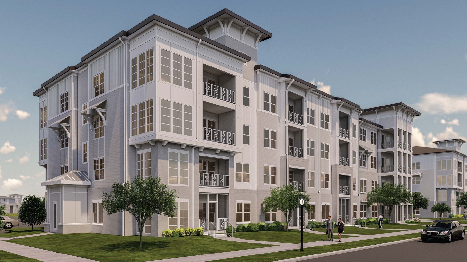 Silver Collection at Saxony apartment community exterior rendering with modern building design and parking area in Fishers, IN.