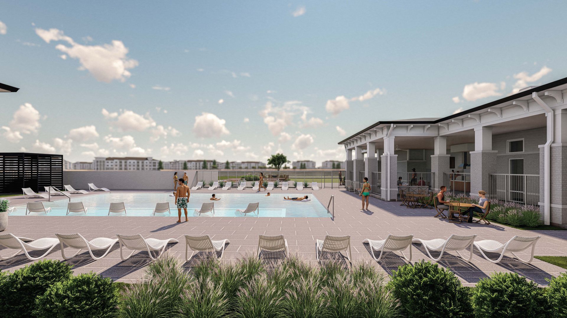 Silver Collection at Saxony outdoor swimming pool with residents gathered around the pool area in Fishers, IN.
