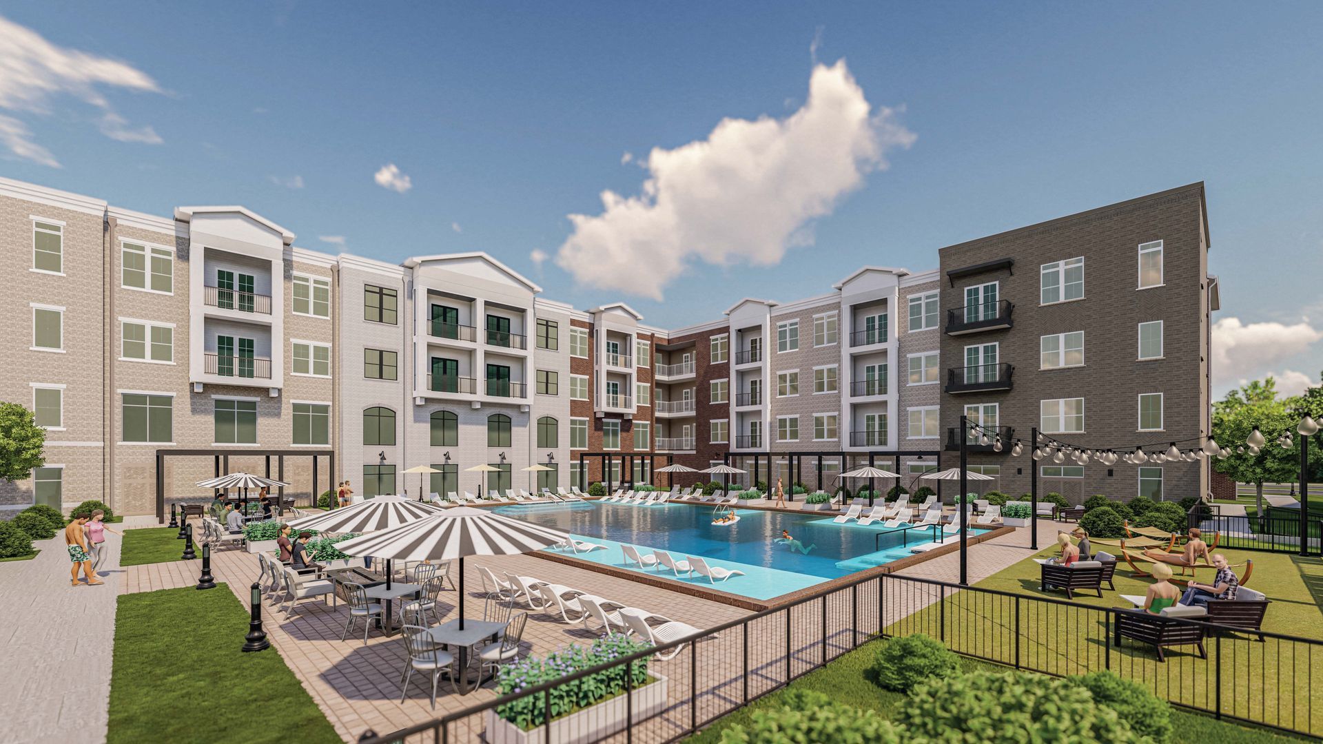 Silver Collection at Town Madison architectural rendering featuring apartment buildings, a resort-style pool area, and outdoor community space in Madison, AL.