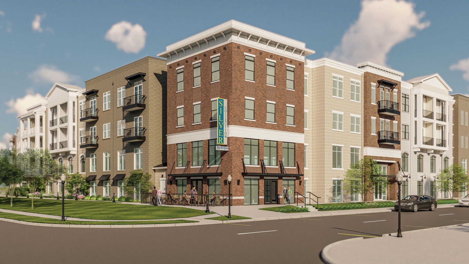 Silver Collection at Town Madison brick apartment building rendering with large windows and modern community design in Madison, AL.