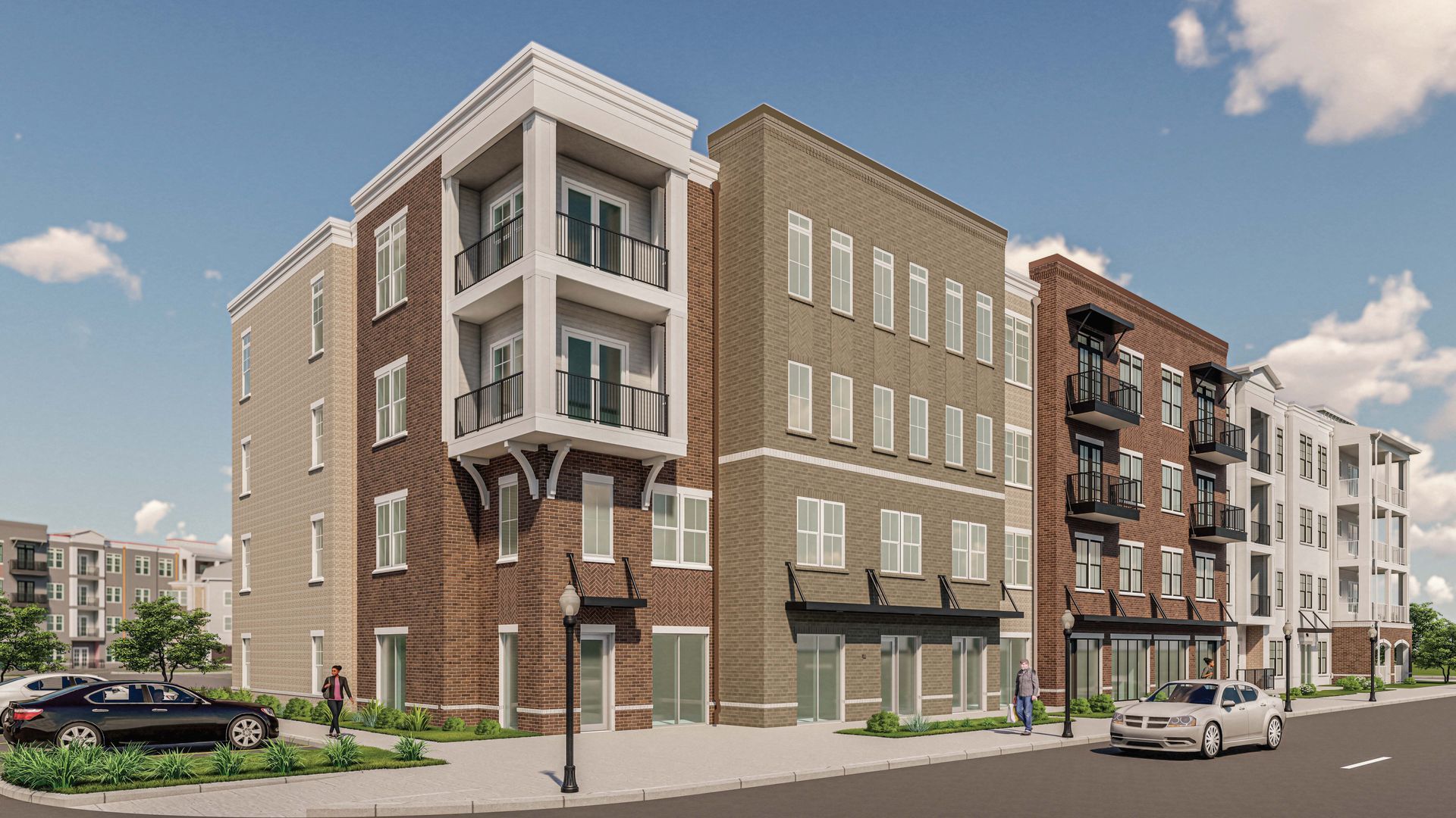Silver Collection at Town Madison brick apartment building rendering with parked vehicle and modern community exterior in Madison, AL.