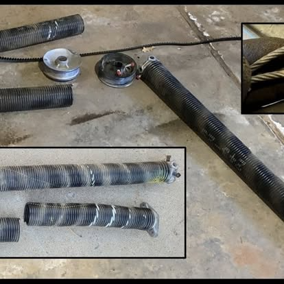 Black corrugated hoses and metal cable reels on a concrete floor, with close-up insets of the hoses