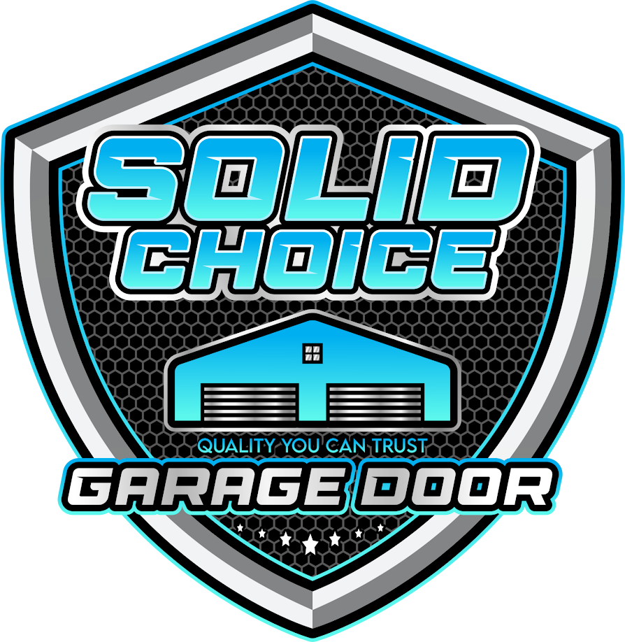 Solid Choice Garage Door shield logo in teal, black, and gray with a garage icon.