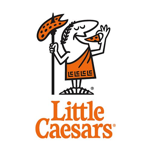 Little Caesar's mascot holding pizza slice and spear with pizza. Orange and white logo.