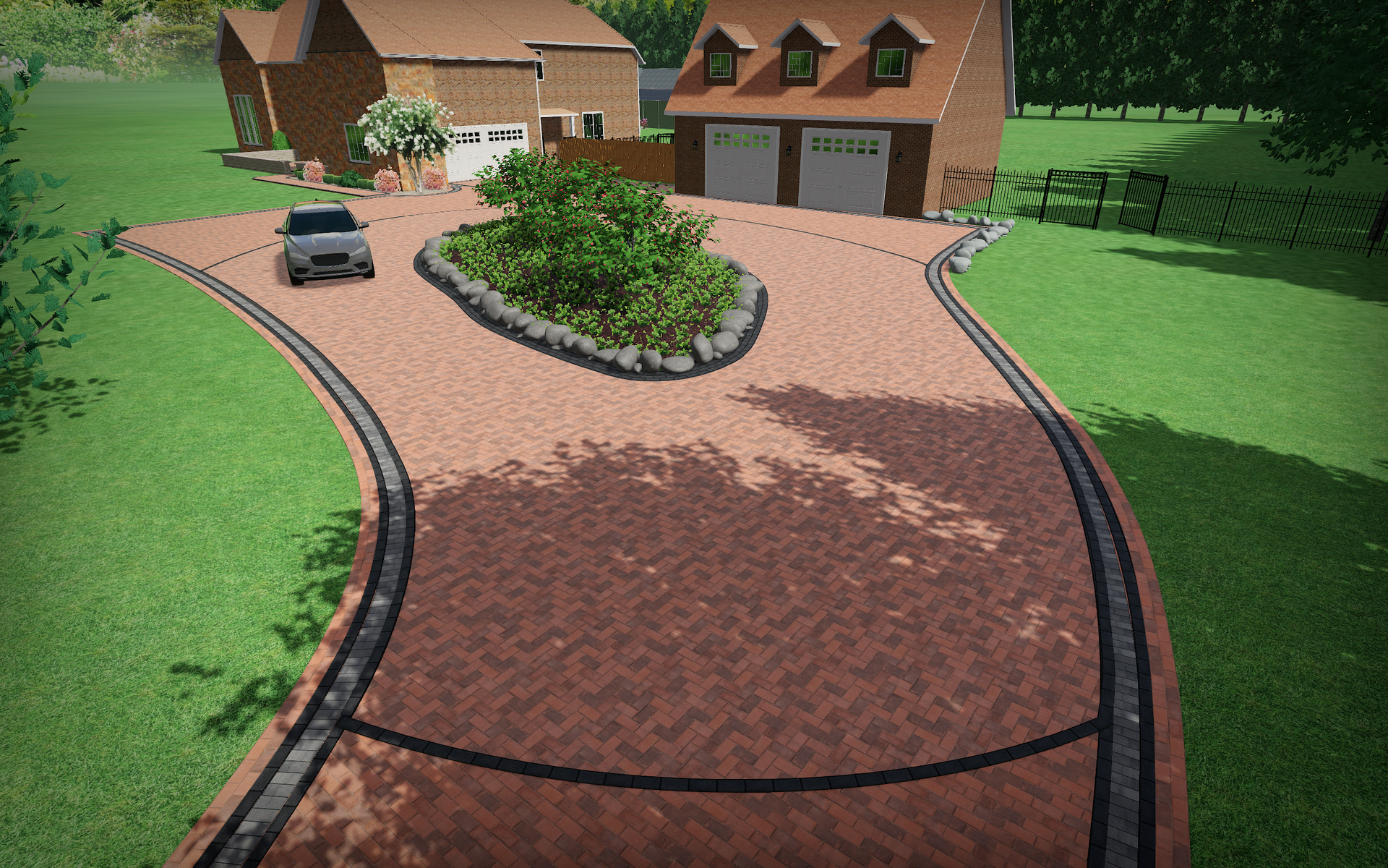 A car is driving down a brick driveway in front of a house.