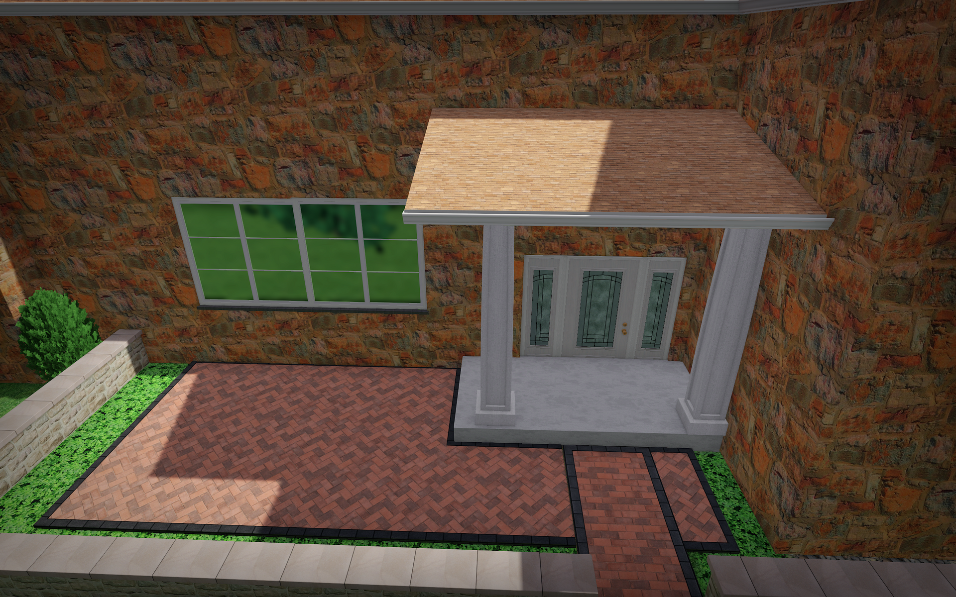 A brick house with a porch and a brick walkway leading to it.