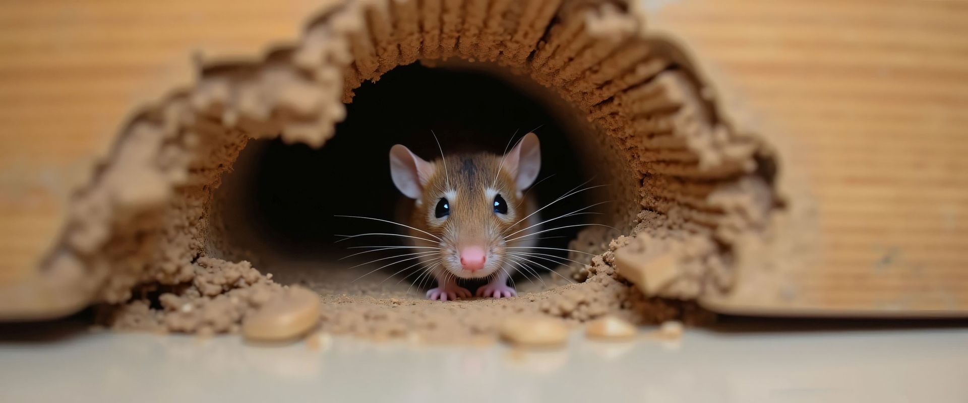 Mouse peeking out of a small hole in wood shavings, with a curious face.
