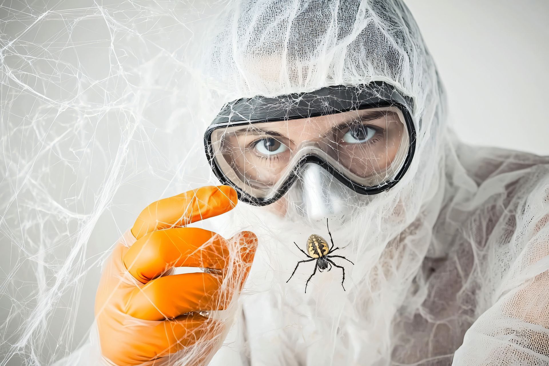 Professional spider removal technician handling spider web infestation inside residential area. Professional spider removal technician handling spider web infestation inside residential area.