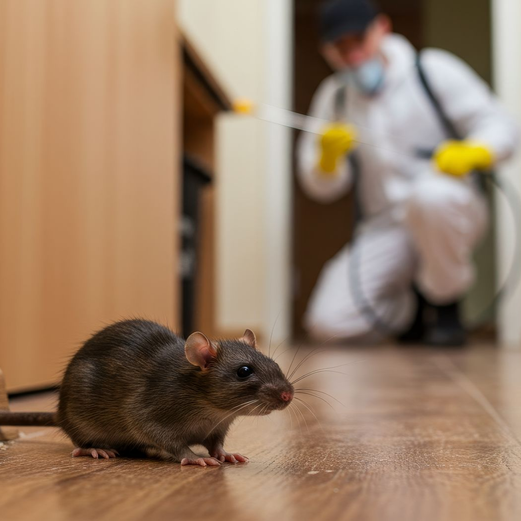 A rat in focus in a home setting, with a pest control professional blurred in the background. A rat in focus in a home setting, with a pest control professional blurred in the background.