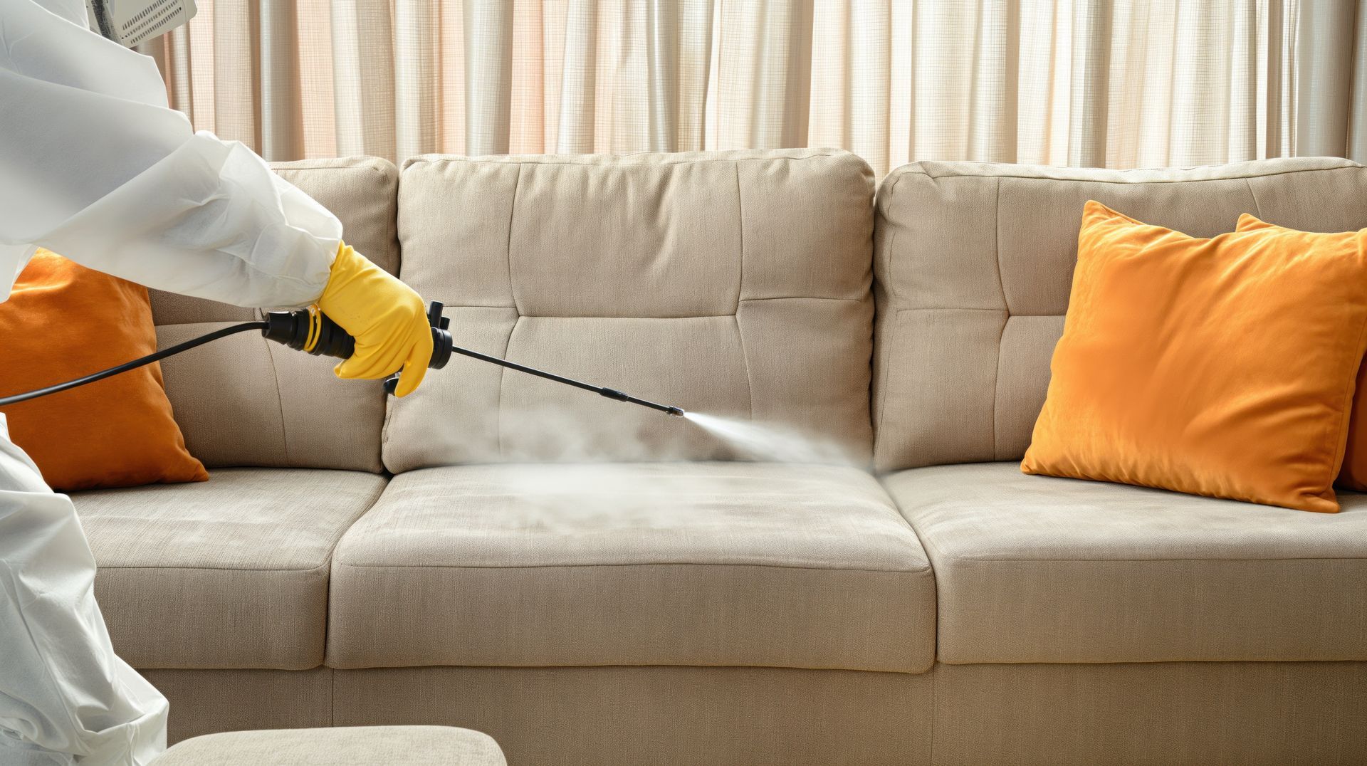 A technician in a white suit safely treating furniture using local pest control services.