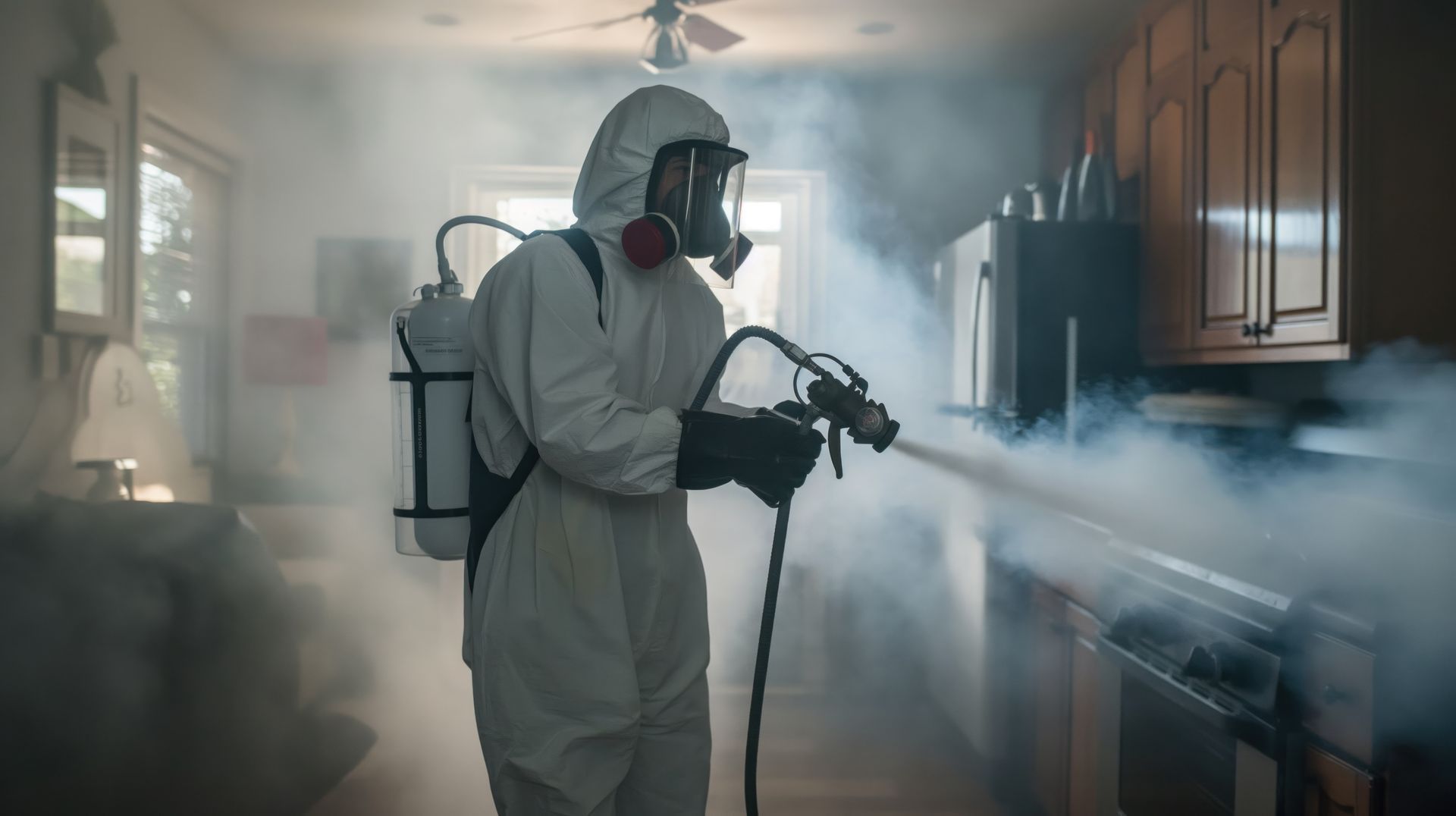 A trained exterminator applying treatment in a home with local pest control services. A trained exterminator applying treatment in a home with local pest control services.