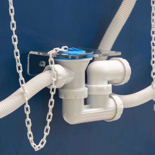 A white pipe with a blue cap is attached to a chain