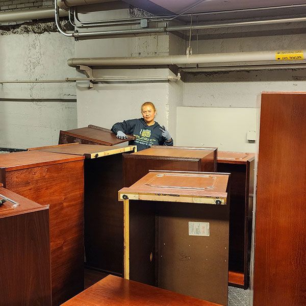 full of wooden cabinets
