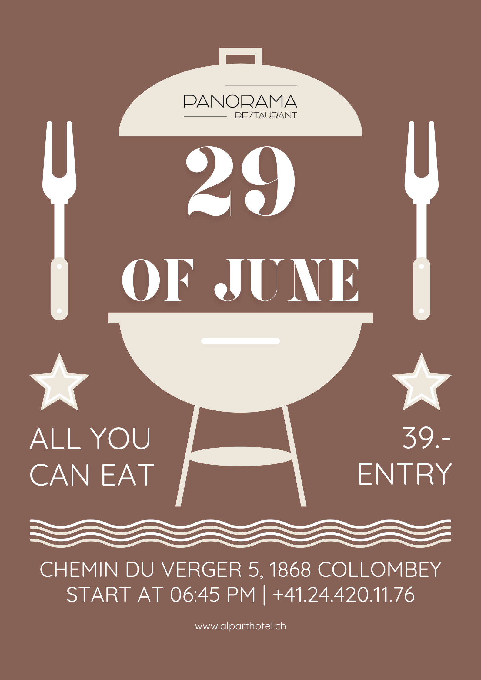 Brown barbecue flyer with white grill icon, forks, stars, and “29 of June” text.