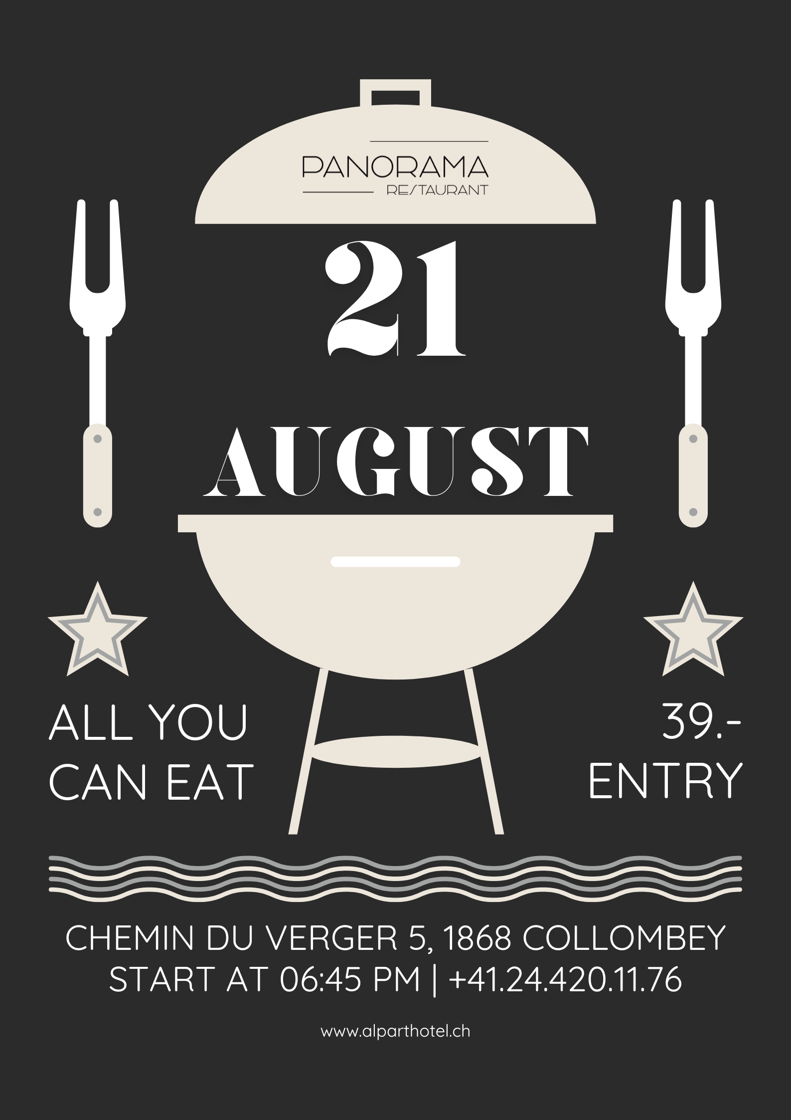 Black grill-themed event flyer with “21 August,” “All you can eat,” and a food ordering phone number.