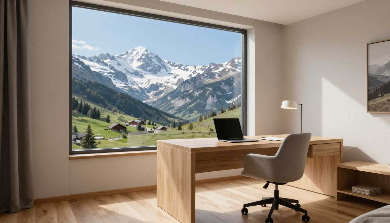 Bureau moderne avec ordinateur portable et grande fenêtre donnant sur des montagnes enneigées.