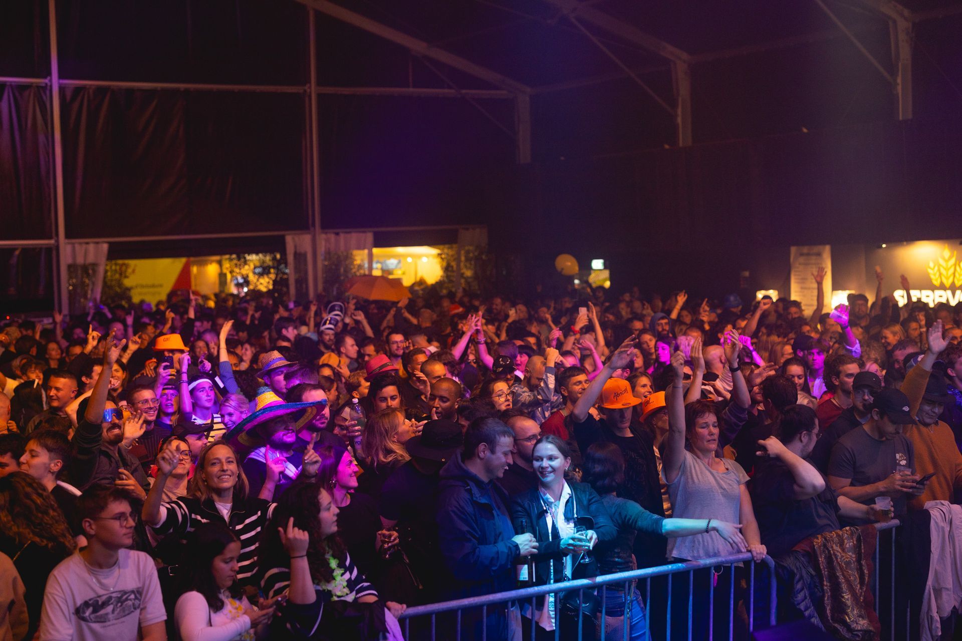 Crowd at a nighttime outdoor concert, lit by purple and orange stage lights