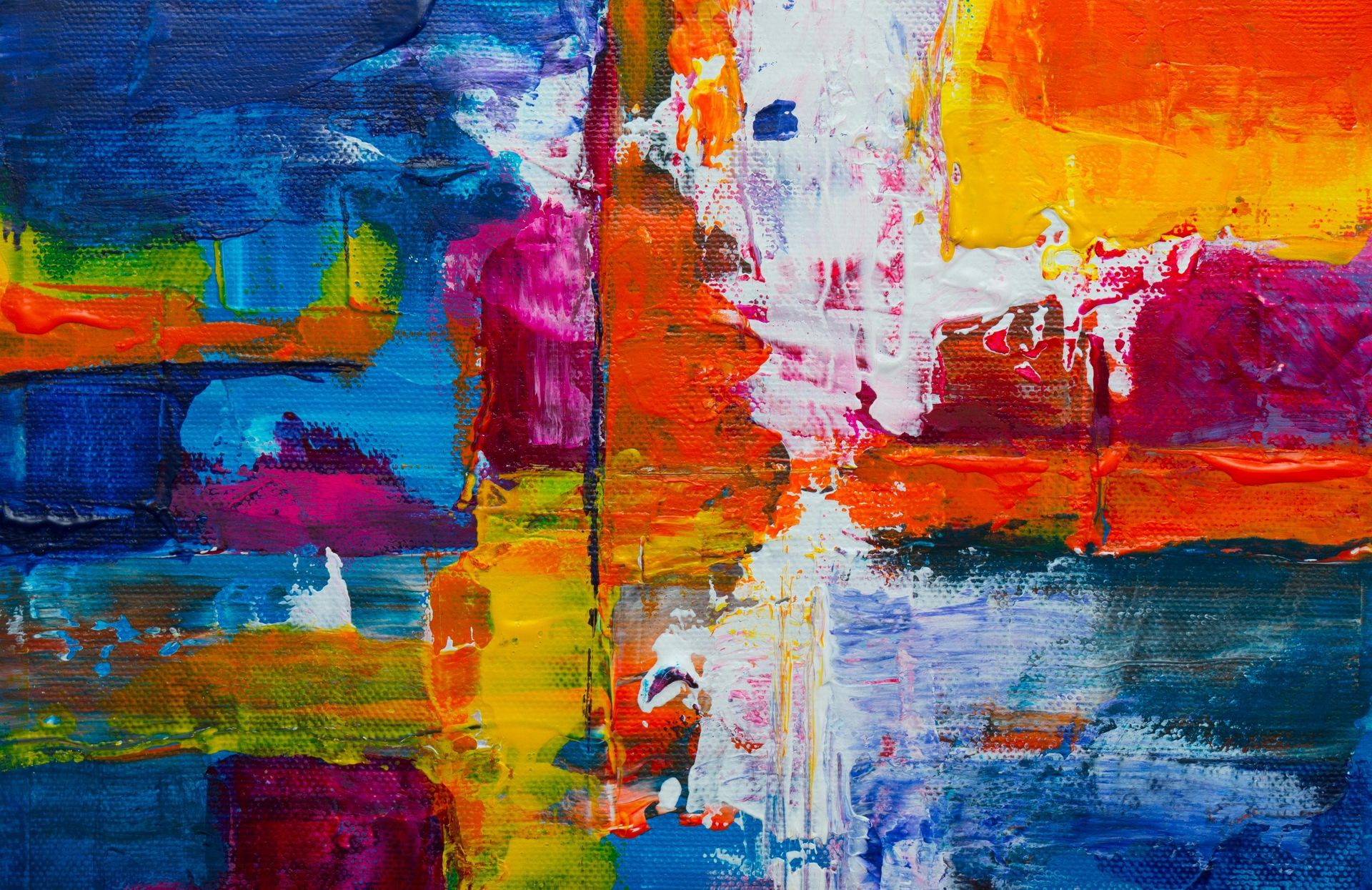 Abstract colorful painting with bold blue, red, orange, white, and pink brushstrokes