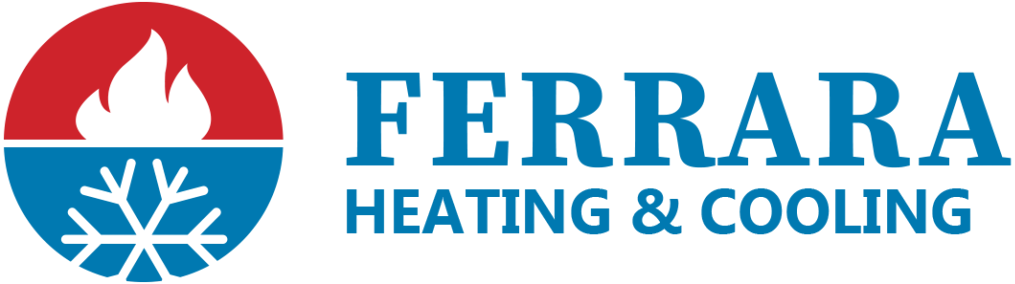 Logo for Ferrara Heating & Cooling featuring a red flame over a blue snowflake icon next to blue text.