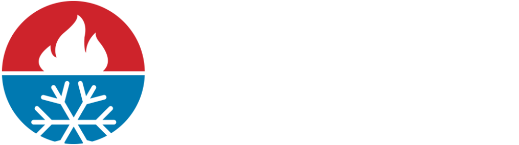 A circular logo split horizontally: a white flame on a red top half and a white snowflake on a blue bottom half.