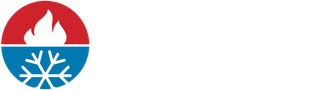 A circular logo split horizontally: a white flame on a red top half and a white snowflake on a blue bottom half.
