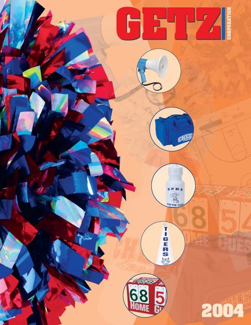 A 2004 Getz promotional catalog cover featuring a large red and blue pom-pom next to sports gear icons on an orange background.