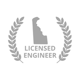 A licensed engineer logo with a laurel wreath and a map of delaware.