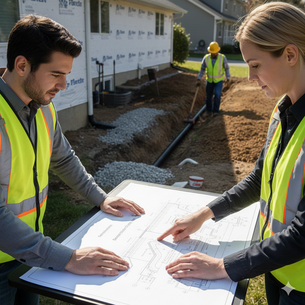 Two people in vests review blueprints outdoors near a house under construction.