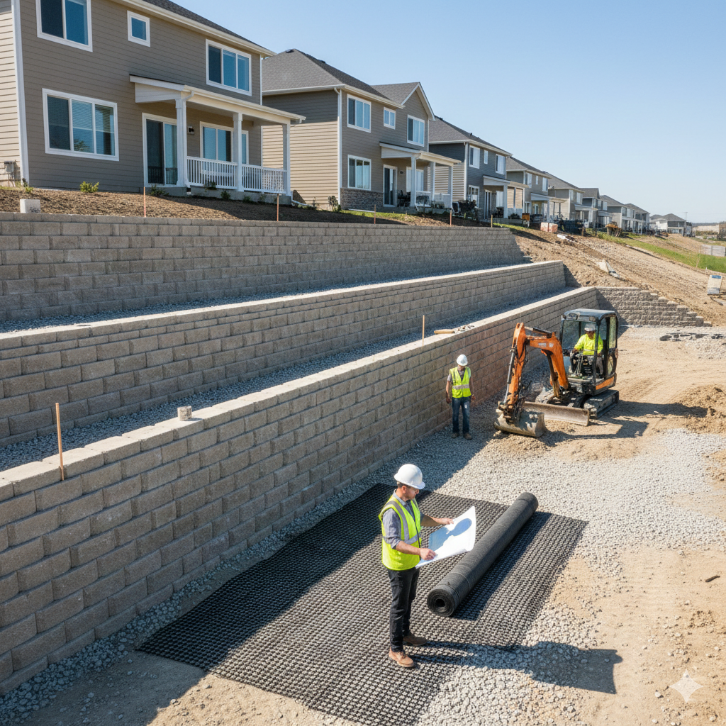 Construction site with retaining walls, workers in safety vests, excavator, blueprint, and houses in the background.