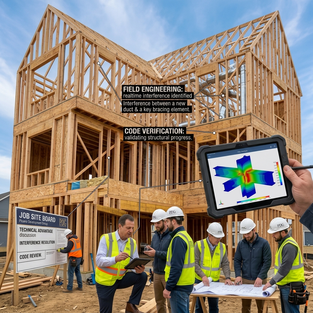 Construction workers review a digital building model at a framed house site.
