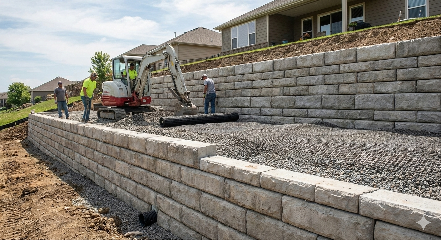Construction workers building a retaining wall with an excavator on a residential property.