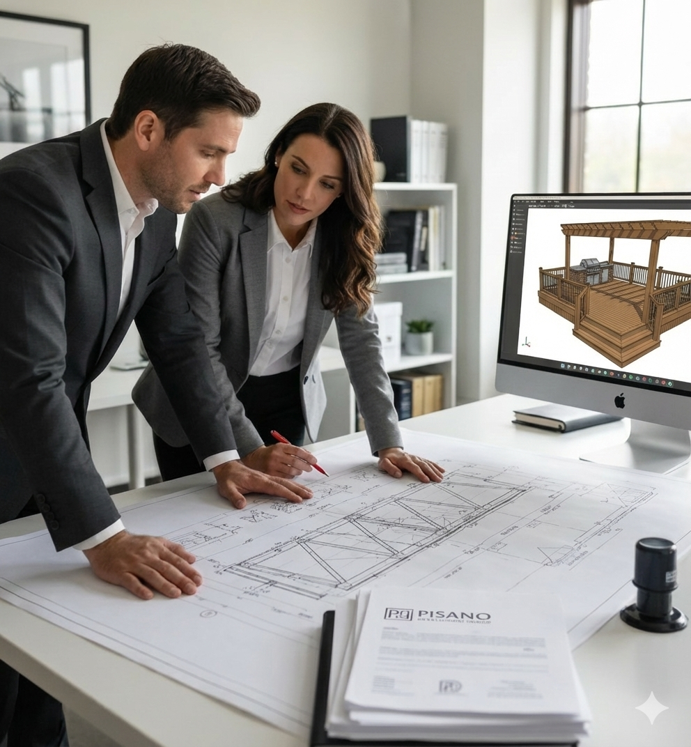 Two people, a man and a woman, reviewing architectural plans and computer model in an office.