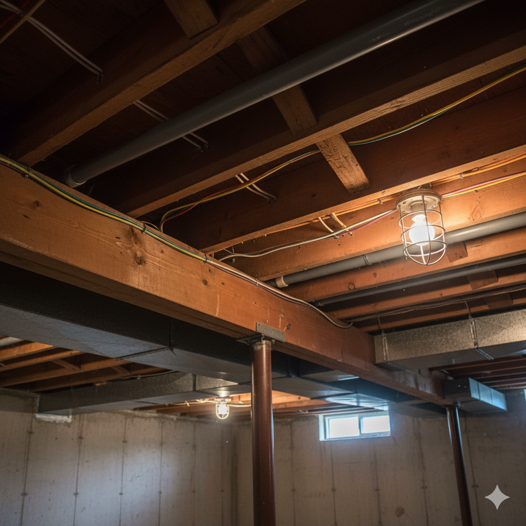 inspecting floor joists and beams in a basement