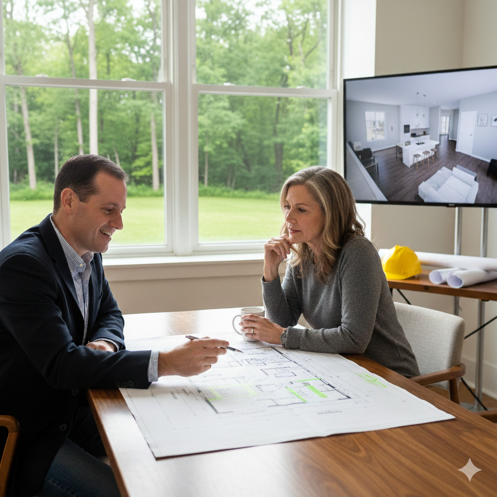 Man and woman reviewing blueprints at a table, with a TV displaying a home rendering, near a window.