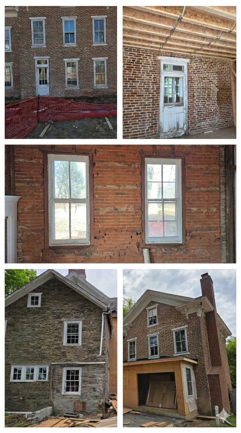 Collage of a historic brick house exterior showing windows, weathered wood siding, and a covered porch