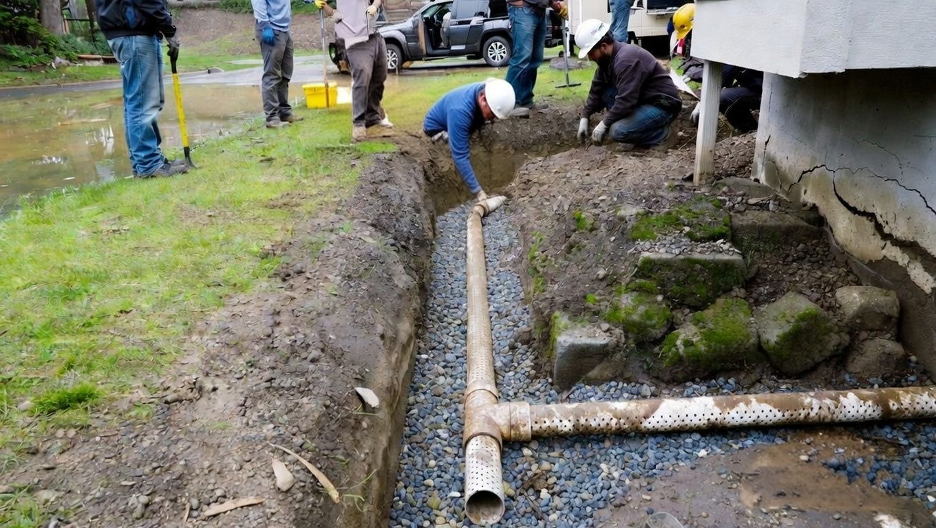 Workers install a drain pipe in a trench next to a building on a grassy area.